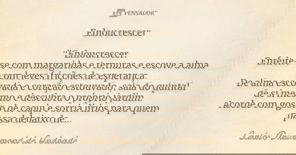 Enloucrescer "Enloucrescer. Enfeite-se com margaridas e ternuras e escove a alma com leves fricções de esperança. De alma escovada e coração estouvado, sai... Frase de Carlos Drummond de Andrade.