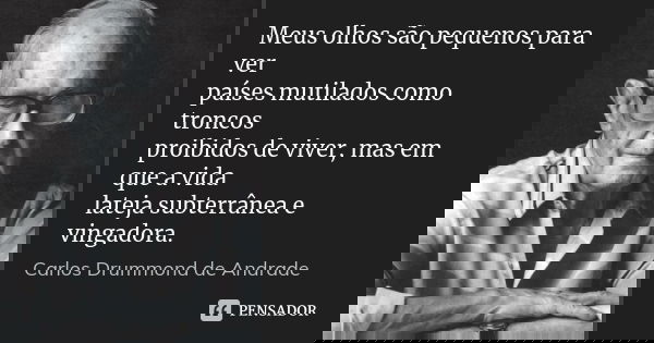 Meus olhos são pequenos para ver países mutilados como troncos proibidos de viver, mas em que a vida lateja subterrânea e vingadora.... Frase de Carlos Drummond de Andrade.