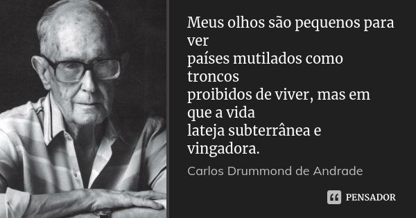 Meus olhos são pequenos para ver países mutilados como troncos proibidos de viver, mas em que a vida lateja subterrânea e vingadora.... Frase de Carlos Drummond de Andrade.