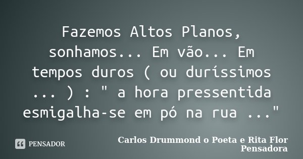 Fazemos Altos Planos, sonhamos... Em vão... Em tempos duros ( ou duríssimos ... ) : " a hora pressentida esmigalha-se em pó na rua ..."... Frase de Carlos Drummond o Poeta e Rita Flor Pensadora.