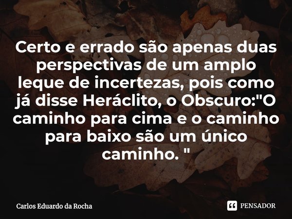 ⁠Certo e errado são apenas duas perspectivas de um amplo leque de incertezas, pois como já disse Heráclito, o Obscuro: "O caminho para cima e o caminho par... Frase de Carlos Eduardo da Rocha.