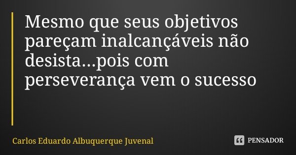 Mesmo que seus objetivos pareçam inalcançáveis não desista...pois com perseverança vem o sucesso... Frase de Carlos Eduardo Albuquerque Juvenal.