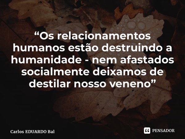 “Os relacionamentos humanos estão destruindo a humanidade - nem afastados socialmente deixamos de destilar nosso veneno” ⁠... Frase de Carlos EDUARDO Balcarse.