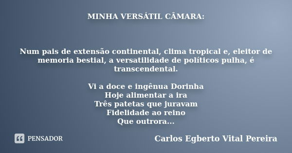 MINHA VERSÁTIL CÂMARA: Num pais de extensão continental, clima tropical e, eleitor de memoria bestial, a versatilidade de políticos pulha, é transcendental. Vi ... Frase de Carlos Egberto Vital Pereira.