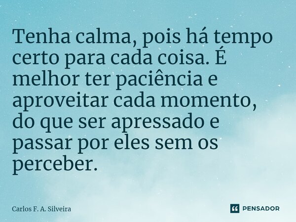 ⁠Tenha calma, pois há tempo certo para cada coisa. É melhor ter paciência e aproveitar cada momento, do que ser apressado e passar por eles sem os perceber.... Frase de Carlos F. A. Silveira.