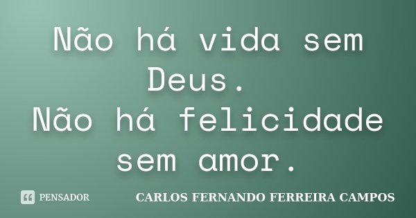 Não há vida sem Deus. Não há felicidade sem amor.... Frase de CARLOS FERNANDO FERREIRA CAMPOS.
