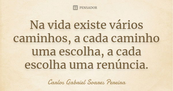 Na vida existe vários caminhos, a cada caminho uma escolha, a cada escolha uma renúncia.... Frase de Carlos Gabriel Soares Pereira.