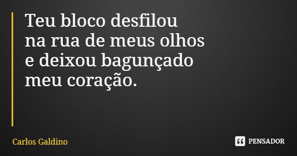 Teu bloco desfilou na rua de meus olhos e deixou bagunçado meu coração.... Frase de Carlos Galdino.