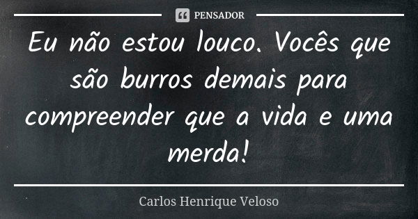 Eu não estou louco. Vocês que são burros demais para compreender que a vida e uma merda!... Frase de Carlos Henrique Veloso.