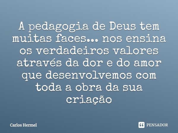 ⁠A pedagogia de Deus tem muitas faces... nos ensina os verdadeiros valores através da dor e do amor que desenvolvemos com toda a obra da sua criação... Frase de Carlos Hermel.