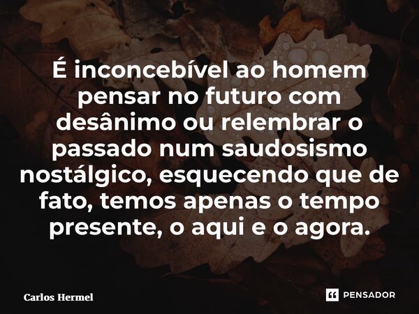 ⁠⁠É inconcebível ao homem pensar no futuro com desânimo ou relembrar o passado num saudosismo nostálgico, esquecendo que de fato, temos apenas o tempo presente,... Frase de Carlos Hermel.