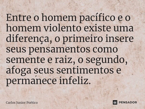 ⁠Entre o homem pacífico e o homem violento existe uma diferença, o primeiro insere seus pensamentos como semente e raiz, o segundo, afoga seus sentimentos e per... Frase de Carlos Junior poético.