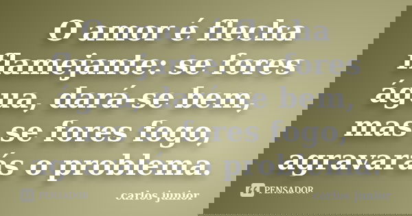 O amor é flecha flamejante: se fores água, dará-se bem, mas se fores fogo, agravarás o problema.... Frase de Carlos Júnior.