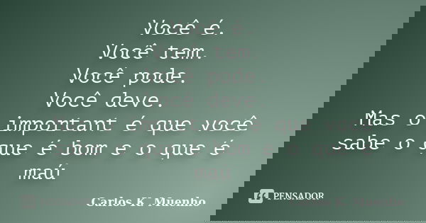 Você é. Você tem. Você pode. Você deve. Mas o important é que você sabe o que é bom e o que é maú... Frase de Carlos K. Muenho.