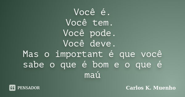 Você é. Você tem. Você pode. Você deve. Mas o important é que você sabe o que é bom e o que é maú... Frase de Carlos K. Muenho.