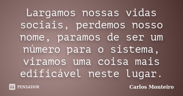 Largamos nossas vidas sociais, perdemos nosso nome, paramos de ser um número para o sistema, viramos uma coisa mais edificável neste lugar.... Frase de Carlos Monteiro.