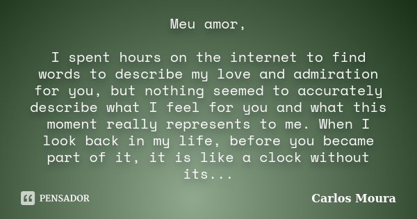 Meu amor, I spent hours on the internet to find words to describe my love and admiration for you, but nothing seemed to accurately describe what I feel for you ... Frase de Carlos Moura.