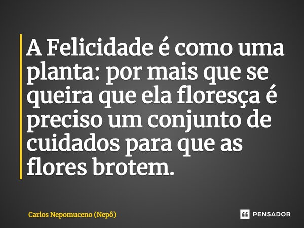 ⁠A Felicidade é como uma planta: por mais que se queira que ela floresça é preciso um conjunto de cuidados para que as flores brotem.... Frase de Carlos Nepomuceno (Nepô).