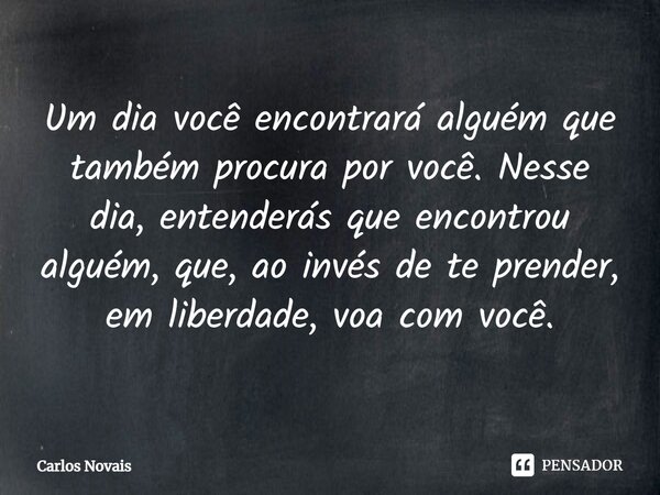 ⁠Um dia você encontrará alguém que também procura por você. Nesse dia, entenderás que encontrou alguém, que, ao invés de te prender, em liberdade, voa com você.... Frase de Carlos Novais.