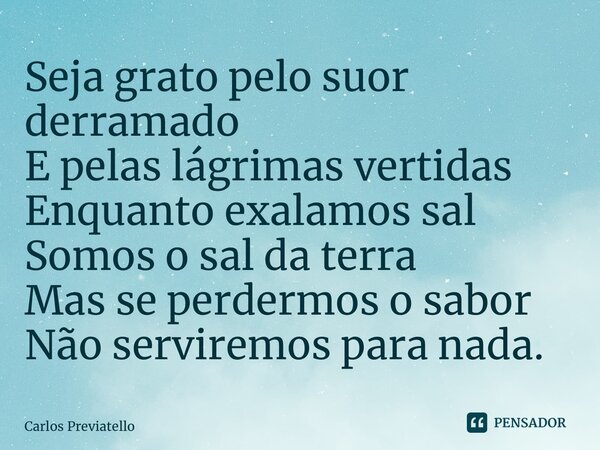 ⁠Seja grato pelo suor derramado E pelas lágrimas vertidas Enquanto exalamos sal Somos o sal da terra Mas se perdermos o sabor Não serviremos para nada.... Frase de Carlos Previatello.