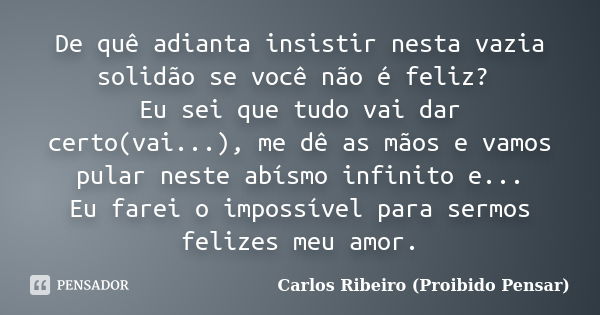 De quê adianta insistir nesta vazia solidão se você não é feliz? Eu sei que tudo vai dar certo(vai...), me dê as mãos e vamos pular neste abísmo infinito e... E... Frase de Carlos Ribeiro (Proibido Pensar).