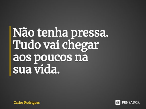 ⁠Não tenha pressa.
Tudo vai chegar
aos poucos na
sua vida.... Frase de Carlos Rodrigues.