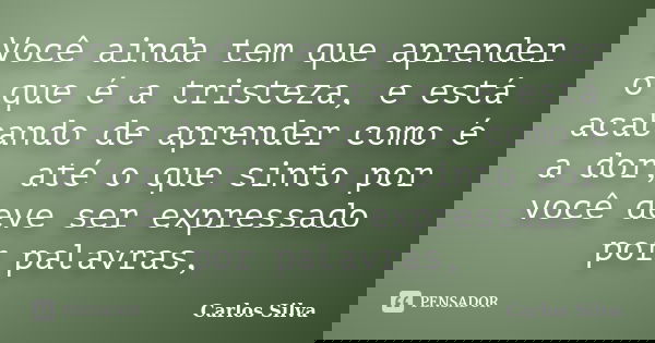 Você ainda tem que aprender o que é a tristeza, e está acabando de aprender como é a dor, até o que sinto por você deve ser expressado por palavras,... Frase de Carlos Silva.
