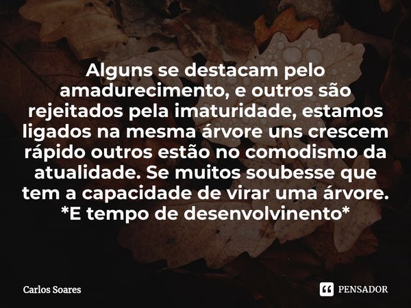 ⁠Alguns se destacam pelo amadurecimento, e outros são rejeitados pela imaturidade, estamos ligados na mesma árvore uns crescem rápido outros estão no comodismo ... Frase de Carlos Soares.