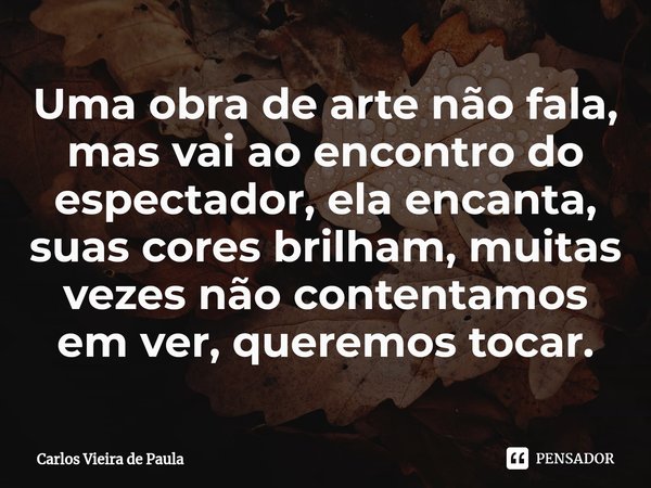 ⁠Uma obra de arte não fala, mas vai ao encontro do espectador, ela encanta, suas cores brilham, muitas vezes não contentamos em ver, queremos tocar.... Frase de Carlos Vieira de Paula.