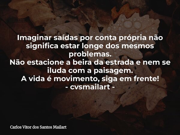 Imaginar saídas por conta própria não significa estar longe dos mesmos problemas. Não estacione a beira da estrada e nem se iluda com a paisagem. A vida é movim... Frase de Carlos Vitor dos Santos Mailart.