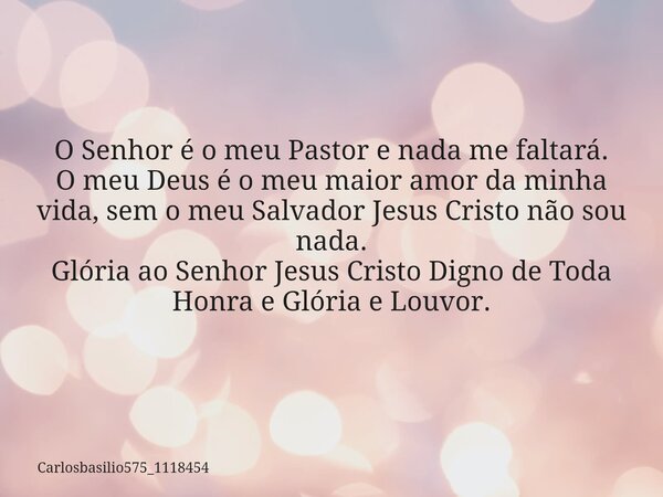 O Senhor é o meu Pastor e nada me faltará. O meu Deus é o meu maior amor da minha vida, sem o meu Salvador Jesus Cristo não sou nada. Glória ao Senhor Jesus Cri... Frase de carlosbasilio575_1118454.