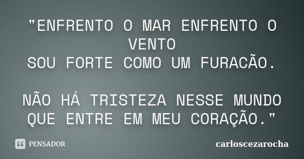 "ENFRENTO O MAR ENFRENTO O VENTO SOU FORTE COMO UM FURACÃO. NÃO HÁ TRISTEZA NESSE MUNDO QUE ENTRE EM MEU CORAÇÃO."... Frase de carloscezarocha.