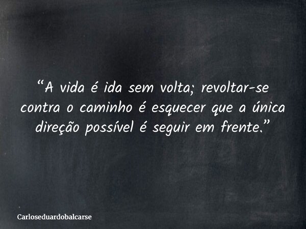 “A vida é ida sem volta; revoltar-se contra o caminho é esquecer que a única direção possível é seguir em frente.”... Frase de Carloseduardobalcarse.