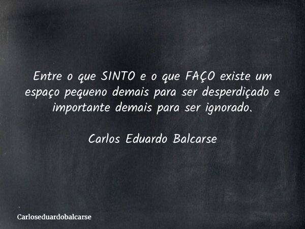 Entre o que SINTO e o que FAÇO existe um espaço pequeno demais para ser desperdiçado e importante demais para ser ignorado. Carlos Eduardo Balcarse... Frase de Carloseduardobalcarse.