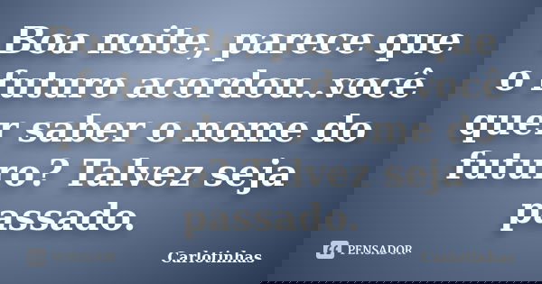 Boa noite, parece que o futuro acordou..você quer saber o nome do futuro? Talvez seja passado.... Frase de Carlotinhas.