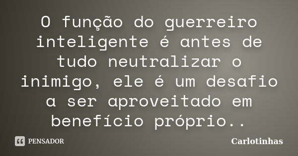 O função do guerreiro inteligente é antes de tudo neutralizar o inimigo, ele é um desafio a ser aproveitado em benefício próprio..... Frase de Carlotinhas.