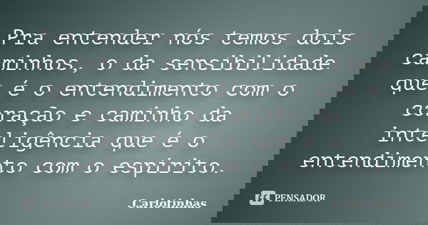 Pra entender nós temos dois caminhos, o da sensibilidade que é o entendimento com o coração e caminho da inteligência que é o entendimento com o espírito.... Frase de Carlotinhas.