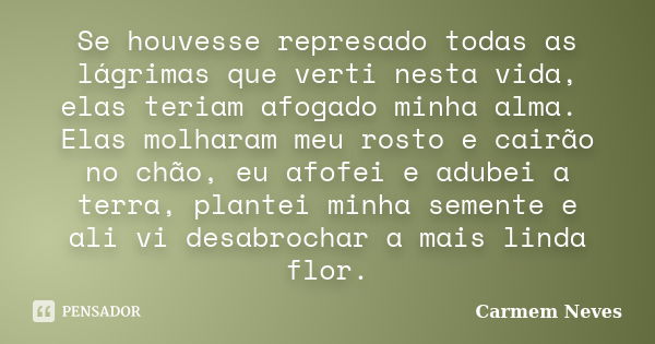 Se houvesse represado todas as lágrimas que verti nesta vida, elas teriam afogado minha alma. Elas molharam meu rosto e cairão no chão, eu afofei e adubei a ter... Frase de Carmem Neves.