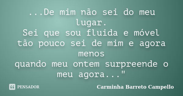 ...De mim não sei do meu lugar. Sei que sou fluida e móvel tão pouco sei de mim e agora menos quando meu ontem surpreende o meu agora..."... Frase de Carminha Barreto Campello.