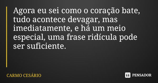 Agora eu sei como o coração bate, tudo acontece devagar, mas imediatamente, e há um meio especial, uma frase ridícula pode ser suficiente.... Frase de CARMO CESÁRIO.