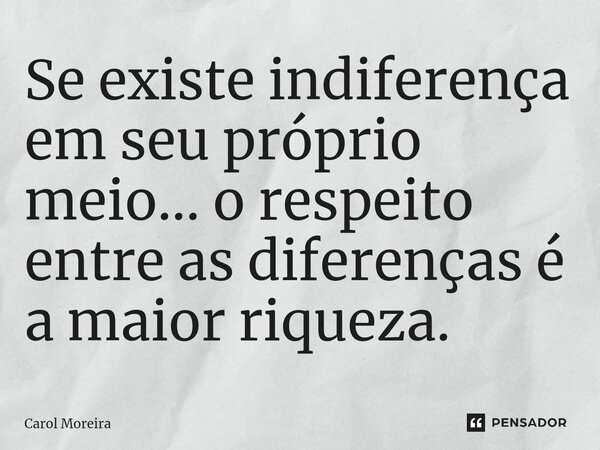 Se existe indiferença em seu próprio meio... o respeito entre as diferenças é a maior riqueza.... Frase de Carol Moreira.