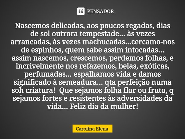 ⁠Nascemos delicadas, aos poucos regadas, dias de sol outrora tempestade... às vezes arrancadas, às vezes machucadas...cercamo-nos de espinhos, quem sabe assim i... Frase de Carolina Elena.