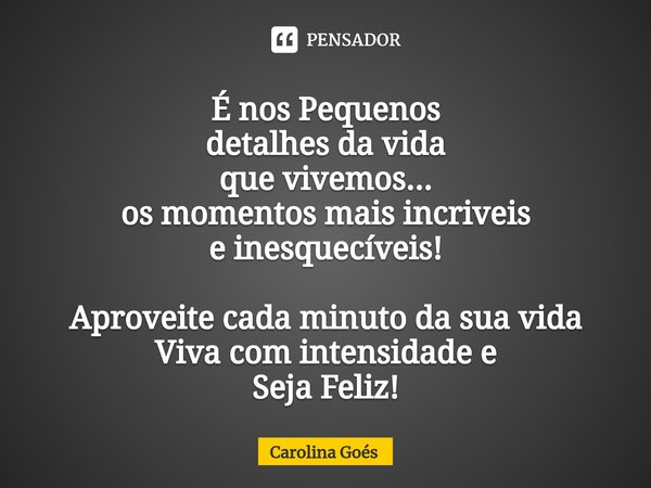 ⁠É nos Pequenos detalhes da vida que vivemos... os momentos mais incriveis e inesquecíveis! Aproveite cada minuto da sua vida Viva com intensidade e Seja Feliz!... Frase de CAROLINA Goés.