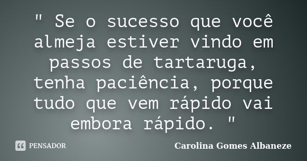 " Se o sucesso que você almeja estiver vindo em passos de tartaruga, tenha paciência, porque tudo que vem rápido vai embora rápido. "... Frase de Carolina Gomes Albaneze.