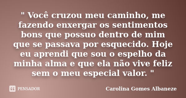 " Você cruzou meu caminho, me fazendo enxergar os sentimentos bons que possuo dentro de mim que se passava por esquecido. Hoje eu aprendi que sou o espelho... Frase de Carolina Gomes Albaneze.