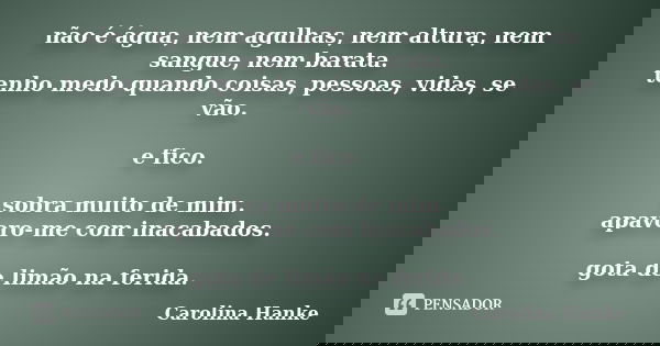 não é água, nem agulhas, nem altura, nem sangue, nem barata. tenho medo quando coisas, pessoas, vidas, se vão. e fico. sobra muito de mim. apavoro-me com inacab... Frase de Carolina Hanke.