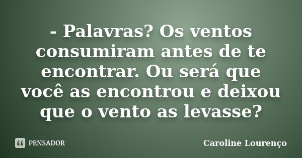 - Palavras? Os ventos consumiram antes de te encontrar. Ou será que você as encontrou e deixou que o vento as levasse?... Frase de Caroline Lourenço.