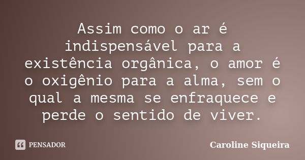 Assim como o ar é indispensável para a existência orgânica, o amor é o oxigênio para a alma, sem o qual a mesma se enfraquece e perde o sentido de viver.... Frase de Caroline Siqueira.