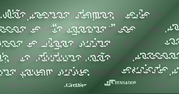 Não perca tempo, ele passa e “o agora” se cansa e logo vira passado, o futuro não existe pra quem vive.... Frase de Carther.