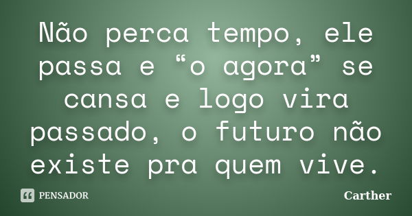 Não perca tempo, ele passa e “o agora” se cansa e logo vira passado, o futuro não existe pra quem vive.... Frase de Carther.